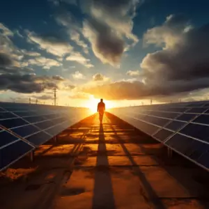 a person walking on a ground with solar panels